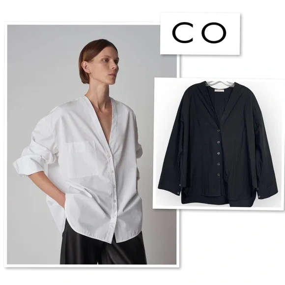 CO Collections V-Neck Blouse in Cotton Blend Poplin Black S Luxury Minimalist
